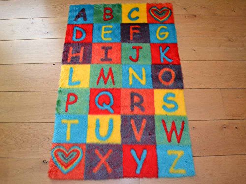Alphabet ABC Non Slip Machine Washable Sheepskin Style Kids Rug. Size 70cm x 108cm