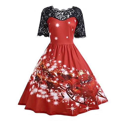 MORCHAN Cadeaux de noël Femmes Fête de Noël Robe de Noël Mesdames Vintage Robe en Dentelle Balancez(S,Rouge)
