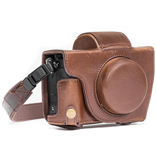 MegaGear mg687 Ever Ready – Funda de Piel y Correa con Acceso a la batería para Canon PowerShot G5 X – Cámara de Fotos, Color marrón Oscuro