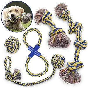 Dog Rope Toy 5pc Set MAS, Extra Thick Durable Quality, 100% Natural Cotton, Medium, Large, Extra Large Dogs, Mental Stimulation, Aggressive Chewers, Dental Hygiene, Puppy Behavioral Training Toy