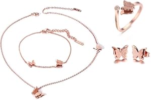Cupimatch [4 Pezzi di Combinazioni Collana Bracciale Orecchini Anello Farfalla Acciaio Inossidabile Donna Oro Rosa Regalo Perfetto (4 Set)