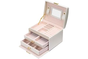 Mondeer Schmuckkasten, Schmuckkästchen mit 3 Ebenen, PU Leder, Abschließbarer Schmuckkästen mit Spiegel, Schmuckkasten mit Schubladen, Geschenk für Mädchen und Damen(Weiß)