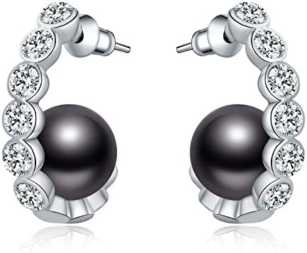 HERLINA Crescent 10mm Shell Pearl Earrings for Women's, Prong Setting Crystals Made with Swarovski Crystals Jewelry (Grey)