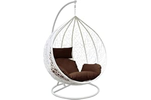 YESUITME Egg Chair with Cushion Garden Swing Seat Hanging Egg Chair Indoor Outdoor Seating Garden Egg Chairs with Sturdy Steel Frame Reading Chairs Garden Patio Lounge Hanging White Chair Brown Cushion