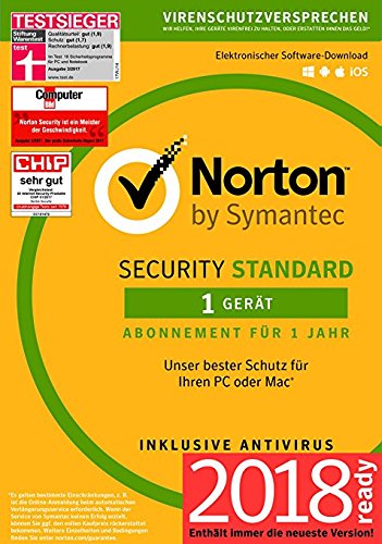 Norton Security Standard Antivirus Software 2018 / Zuverlässiger Virenschutz (Jahres-Abonnement) für 1 Gerät / Download für Windows (u.a. Vista, 8 & 10), Mac, Android & iOS