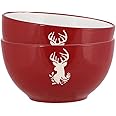 Set of 2 Red Country Heart Cereal Bowls Breakfast Set White Reindeer Alfresco Dining Crockery (CR62)