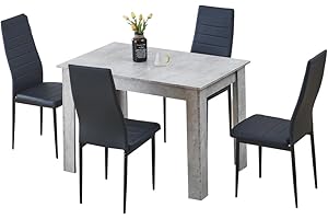 Homullel 5 Piece Dining Room Table and Chairs Set for Dining Room Kitchen, Modern Wooden Dining Table with Chairs for Family Dinner Set (With 4Pcs Black Leather Chairs, 110cm Grey Table)