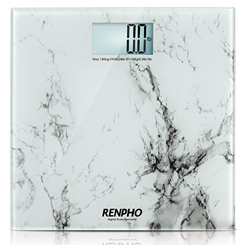 RENPHO® Personenwaage aus gehärtetem Sicherheitsglas (6mm), 30x30x3cm, 180kg/0,1kg , weißes Marmormuster, beleuchtetes LCD-Display, Inkl. Batterien
