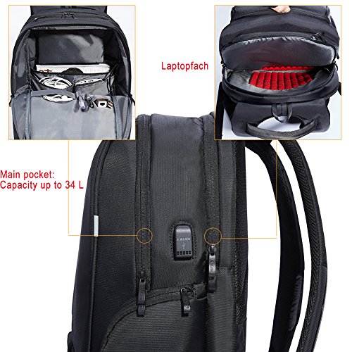Laptop Rucksack 17,3 zoll, KALIDI Anti Diebstahl Wasserdichter Leichtgewichtiger Rucksack mit USB-Ladeanschluss für Arbeit Campus Studenten Reise Business (Schwarz) - 5