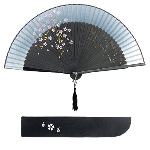 Handfächer Fächer Taschenfächer Klappfächer Dekofächer Japan China Stofffächer (Dunkelblau) - 2