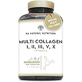 Multi Collagen 1650mg Type I, II, III, V, X. Bovine & Marine Collagen Peptides. 180 Capsules Enhanced with Vitamin C. High St
