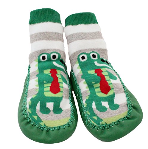 Baby Toddlers Kids Indoor Slipper Shoe Socks Moccasins NON SKID GREEN GREY STRIPE CROCODILE (Age 1-2 (Sole length 14cm))