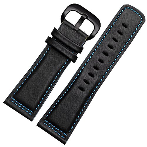 28mm Black Leather Watch Strap Black Buckle Stitching Blue Edge