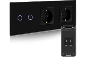 BSEED Enchufe Doble Normal con Interruptor de luz WiFi,Compatible con Alexa y Google Home,Control de APP y Función de Temporizador,2 Gang 1 Vía WiFi Interruptor de Luz con Enchufe Doble Negro