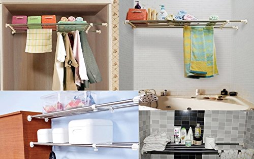 Woltu BZ4111 Teleskop-Garderobensystem Regal, 10 Edelstahl-Stangen, Verstellbar, Ohne Bohren/Schrauben, Ausziehbar, Chrom-Weiß (Länge: 63-95 cm) - 7