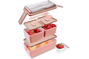 Bugucat Lunch Box, Double Stackable Bentobox Container Meal Prep Containe with Cutlery, Sealed Fresh-Keeping All in One Leak-Proof BPA Free Box for Adults and Kids, Microwav Dishwasher Safe