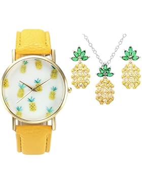 JSDDE Damen Armbanduhr Ananas Design Gelb Uhrband Quarzuhr + Gelb Ananas Zirkon Anhänger Ohrringe Halskette Schmuck...