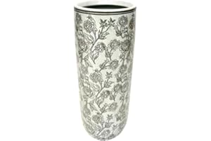 AcaciaHome Stylish Floral Ceramic Umbrella Stand with Glazed Vintage Finish – 18" Tall Decorative Round Holder for Umbrellas, Canes, or Vase Use in Entryway or Living Room (Black)