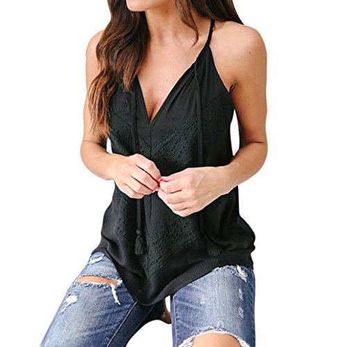 Preisvergleich Produktbild Basic Sommer Tops CLOOM Women Vest Lose Shirt Retro Boho Strand Tops Beachwear Coole Trägertop Blouse Frauen Casual Hollow Out Pullover V-Ausschnitt Frauenhemden Tank Top (Schwarz, 2XL)