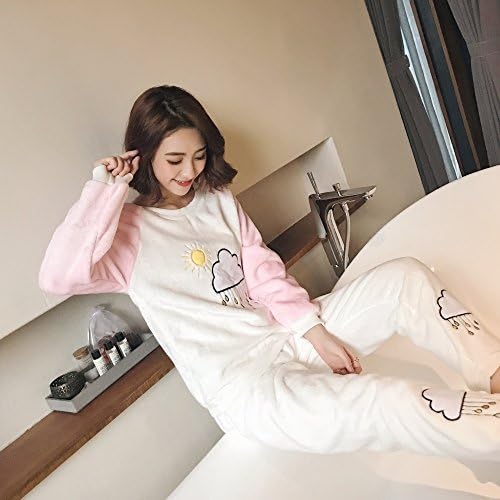 XHO Winter Flannel Flannel Pajamas Suit Cute Sweet Rainbow Embroidery Warm Home Service,Sleeve pink,L