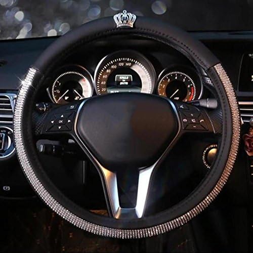 CHES Car Steering Wheel Cover Leather Crown Pattern Ladies Fashion Bling Rhinestones four seasons Universal 15 inch/38CM , black