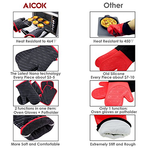 Deik Ofenhandschuhe und Topflappen,Hitzebeständige Handschuhe bis zu 240℃, Silikon Anti-Rutsch topfhandschuhe, Geeignet für Kochen, Backen, Grillen, Schwarz - 2