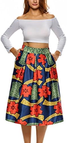 Anmengte Women's Vintage African Print High Waist A-Line Pleated Midi Skirt (XL, 07)