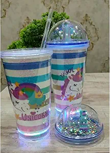 Designer Sipper Unicorn Fancy Glass Sipper with Straw for Girls Unicorn Theme 600ml Light and Non Light Sipper for Collage Girls School for Travel Fancy Glass Water Bottle Tumbler (Light)
