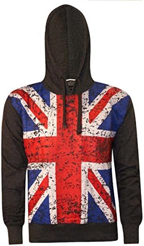 London Couture Mens Union Jack Pullover Hoodie British Flag Fleece Hooded Sweatshirt (Small, Charcoal)