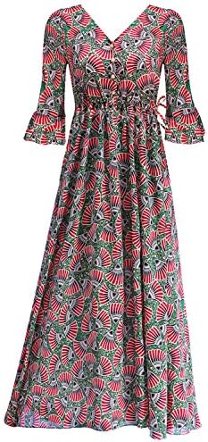 Arrisol Women's Button Up Split Floral Print Flowy Maxi Bohemian Party Dresses (Green+Red,X-Large)