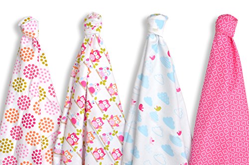 The Swaddle Cotton Company PM41 100 Percent Cotton Flannel Baby Receiving Blanket (76 x 76 cm, Pink, Owl and Cloud Design, Packof 4)