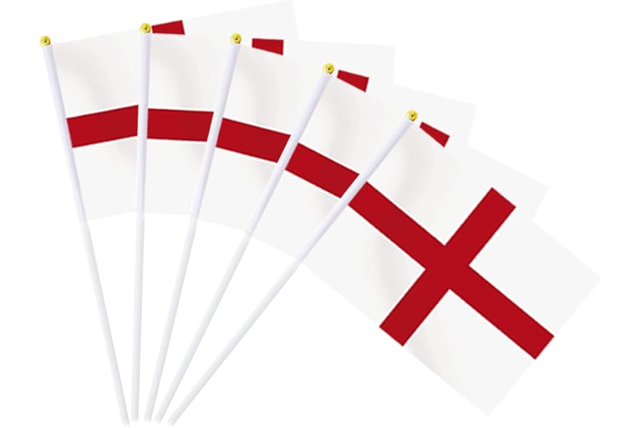 AhfuLife England Flags on Sticks for St. George's Day Decorations, 15pcs St. George Hand Held Small Flags with 30cm White Pole for Rugby Football World Cup Six Nations Decor (14 x 21cm, 15 Pcs)