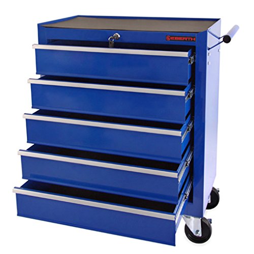 EBERTH Werkstattwagen Werkzeugwagen Rollwagen Werkzeugschrank (5 Schubfächer, Antirutschmatten, kugelgelagerte Teleskop-Gleitschienen, abschließbar, fahrbar auf 4 Räder, Feststellbremse, pulverbeschichtet) blau - 2