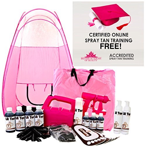 STAR BUY!! Latest Spray Tanning Kit With- HVLP 610 Pink Dynatec Unit, Pink Pop Up Tent, 7 Bottles of our AWARD WINNING LA Tan Solution, Disposables, Barrier Cream, Self Tan Mousses!PLUS FREE SHIPPING AND 5 YEARS WARRANTY!