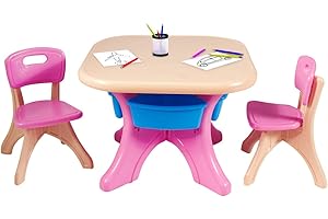 ‎COSTWAY COSTWAY Sitzgruppe Kinder, 3tlg. Kindersitzgruppe, Kindertisch mit 2 Kinderstühlen, Kindertischgruppe PE, mit Aufbewahrungsboxen (Rosa)
