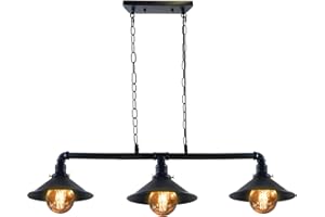 LEDSone Przemysłowa 3-drożna lampa w stylu vintage, retro, steampunk, listwa świetlna z abażurem, wisząca oprawka oświetleniowa, metalowa rura, oświetlenie sufitowe (czarny, stożkowy)