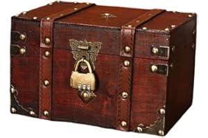 MVSR Vintage Storage Box Wooden Treasure Chest Small Pirate Chest Antique Style jewellery Organizer Handmade Decorative Boxes with Lid and Metal Lock (Password - 22x15x13.5cm)