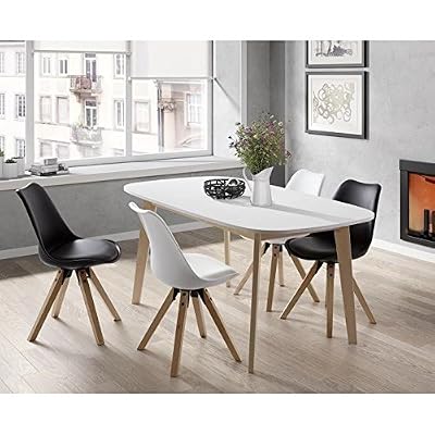 Générique NAISS Table a manger extensible de 6 a 8 personnes scandinave pieds bouleau massif + plateau mélaminé blanc - L 160 a 200 x l 90