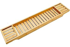 Pkge Bamboo Wooden Bath Rack Bathtub Caddy Tray | Bathroom Accessory Bath Shelf, Bathroom Storage Organizer | Bathroom Shelf Caddy, 70 x 14.5 x 7.5 cm (Natural)