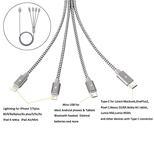 Multi USB-Kabel, jastek 3,3 Füße (1 Meter) 4 in 1 Geflochten mehrere Ladekabel Aluminum Adapter Stecker mit Typ C, 2 x 8 Pin Beleuchtung, Micro USB für universell einsetzbar – Aluminum Grau - 5