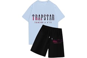 GENERISCH Trapstar Jogginganzug Herren, Trapstar Drucken Y2K 2-teiliges T-Shirts und Shorts Rundhals Sportanzug mit Tasche Sommer Anzug Set Trapstar Kurze Hose Leicht Hausanzug Hip Hop Streetwear Trainingsanzug