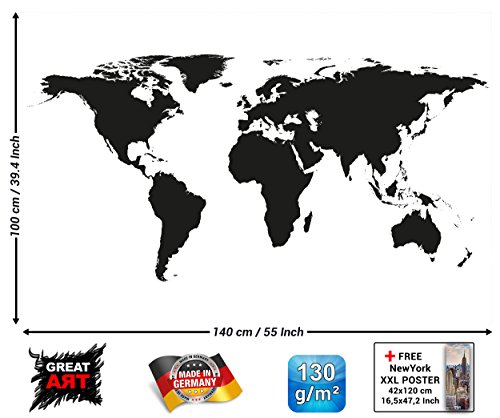 XXL Poster Weltkarte schwarz-weiß Wandbild Dekoration Landkarte Kontinente map of the world Globus Erde Welt Erdkunde| Wandposter Fotoposter Wanddeko Bild Wandgestaltung by GREAT ART (140 x 100 cm) - 2
