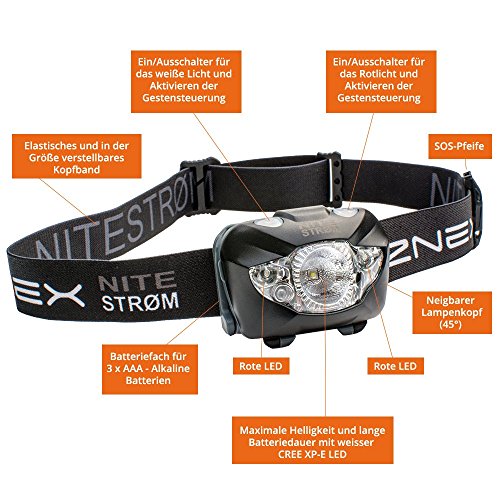 ZNEX Nitestrøm | Super Helle Wasserdichte IPX6 LED Stirnlampe 168 Lumen mit Infrarot-Sensor-Gestensteuerung, Rotlicht, Blinklicht, SOS-Notfall-Pfeife + GRATIS LED-Leuchtarmband - 2