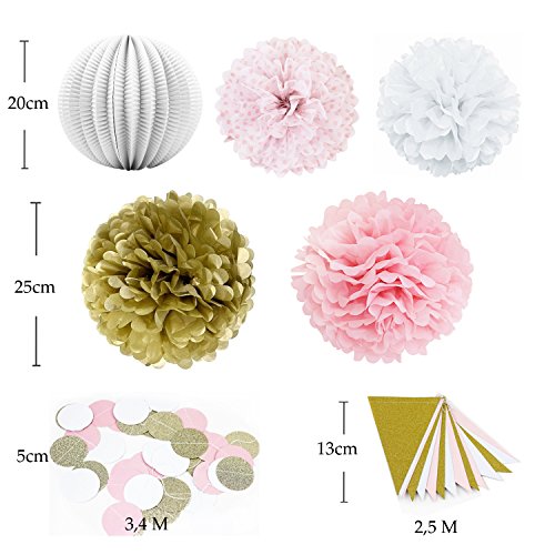 7er Set Gold Rosa Weiß Papier Dekoration Serie PomPom Lampion Glitter Girlande Wimpel Hochzeitsdekoration Zeremonie Deko von SUNBEAUTY - 5
