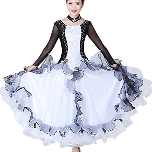 Perspective Long Sleeves Modern Dance Dress For Women Black and White Spell Color Ballroom Dance Dress Performance Racing Suit with Rhinestone , White , XXL