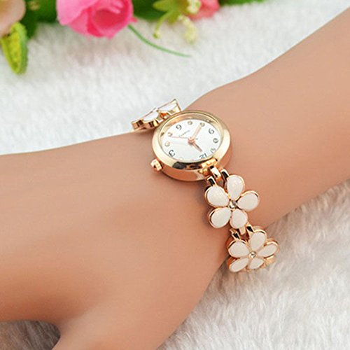 Women Girl Chic Fashion Daisies Flower Rose Golden Bracelet Wrist Watches (White)