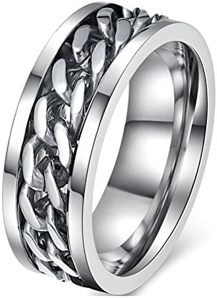 Jiedeng Jewelry Men's Ring Stainless Steel Ring with Rotatable Chain Retro Biker Gothic Punk Friendship Ring for Men Silver Size X 1/2