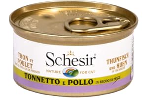 Schesir Chat en Bouillon Thon avec Filet de Poulet, Nourriture pour Chat Humide dans Son Propre Bouillon de Cuisson, 24 boîtes x 70 g