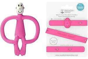 Matchstick Monkey Antimicrobial Silicone Teether & Gel Applicator, Easy Grip, BPA-Free + Multi-Use Holder Strap for Stroller, Car, Highchair, 3M+, Pink