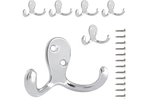 PAIDASHU 6 Pack Coat Hooks Wall Hooks for Hanging, Heavy Duty Double Prong Metal Hook Wall Mounted for Living Room, Bathroom, Kitchen, Bedroom for Coat, Bag, Scarf, Towel, Hat, Key, Cup (Silvery)